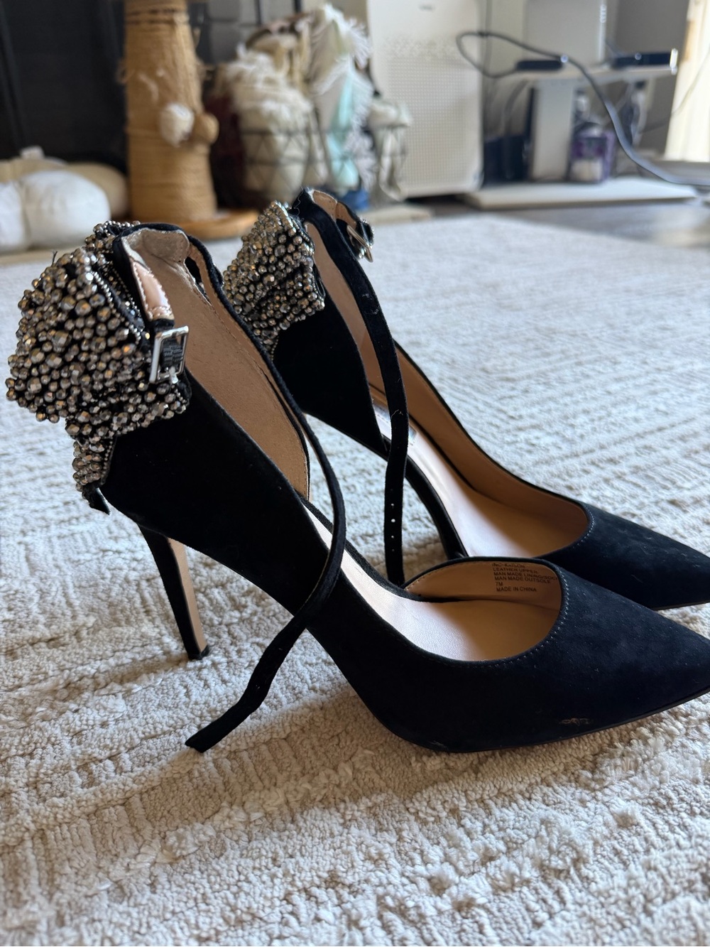INC International Concepts Black Heels with Crystal Bow Accents - Picture 3 of 8